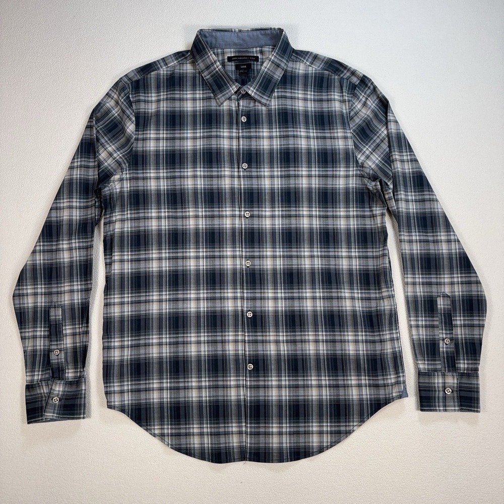 John Varvatos Star USA Luxe Shirt Mens L Blue Gray Lightweight Stretch Button Up